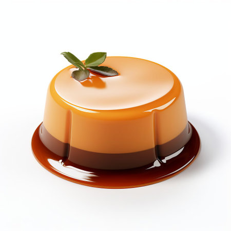 a dessert dish is showcased in this image, set against a clean white background. the dish features a smooth and shiny texture, with a color palette predominantly consisting of light orange and dark green. created using zbrush, the dessert dish exhibits layered translucency and tonal sharpness. the overall aesthetic can be described as a miniaturecore style. ai generatedの素材
