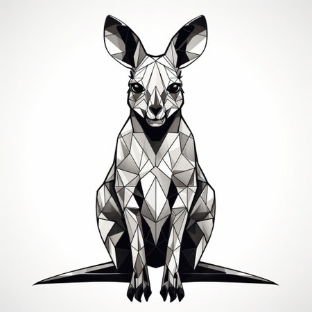 a black and white abstract geometric illustration of a kangaroo, featuring faceted shapes and realistic color schemes. the anthropomorphic animal is depicted in a pensive pose, with luminous shadowing adding depth to the image. the style of the illustration is reminiscent of lith printing techniques. ai generatedの素材