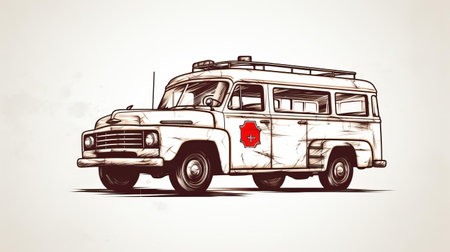 vintage ambulance in red, featuring graffiti-inspired illustrations reminiscent of kombuchapunk and chicago imagists. the detailed sketching captures the energy-filled illustrations, while the white and bronze color scheme adds a touch of nostalgia. this iconic pop culture reference is a unique blend of vintage and urban art. ai generatedの素材