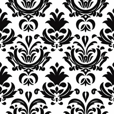a black and white damask wallpaper free vector image of 0082, featuring flower and nature motifs. the design showcases bold simplicity and a striking contrast, with textural play. clean and simple, this wallpaper draws inspiration from folkloric themes, creating a bold yet graceful aesthetic. available on flickr. ai generatedの素材