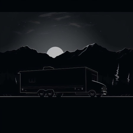 the side silhouette of a trailer is depicted in this flat, black and white illustration. against a solid black background, the trailer is outlined using minimal lines, creating a distinct shape. the absence of shading or gradients emphasizes the pure black and white contrasts, highlighting the trailer's form. ai generatedの素材