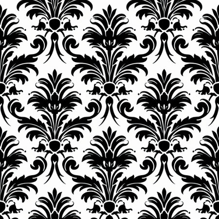 an elegant black and white floral pattern on a white background, inspired by the rococo decadence and victorian era. this design, reminiscent of the works of david bates, features contrasting backgrounds and a bold stencil technique. the intricate details and accuracy of this pattern make it a captivating piece of art. ai generatedの素材