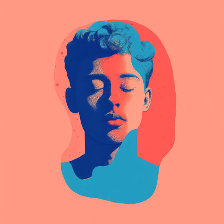 a vector illustration of a face with blue and blue backgrounds, inspired by the style of kodak aerochrome and the young british artists (ybas). the artwork features light red and light orange tones, drawing inspiration from pop culture. it evokes a sense of quiet contemplation and is reminiscent of hyperrealistic sculptures. the overall aesthetic can be described as sleepycore. ai generatedの素材