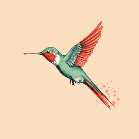 hummingbird tattoo art by slkljrlb in the art collection, featuring a mid-century illustration style with light green and red hues. this editorial illustration showcases dreamlike elements and graphic design elements, creating a humorous animal scene. the high-resolution image captures the intricate details of the 20-megapixel artwork. ai generatedの素材