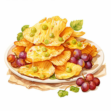 a plate of crispy grapes and chips, depicted in a hyper-realistic watercolor clipart image. the hand-drawn details showcase the golden batter and tender grapes, while whimsical touches add freshness. bold shades of yellow and brown evoke the comforting and satisfying nature of this classic fast food dish. ai generatedの素材