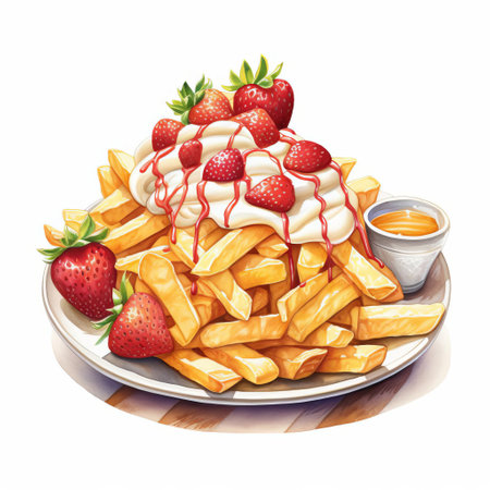 a plate of crispy strawberry and chips, depicted in a delightful watercolor clipart image. the hyper-realistic details capture the golden batter and tender strawberry, while whimsical touches add a sense of freshness. with a white background and white margins, this hand-drawn illustration showcases the comforting and satisfying nature of this classic fast food dish. ai generatedの素材