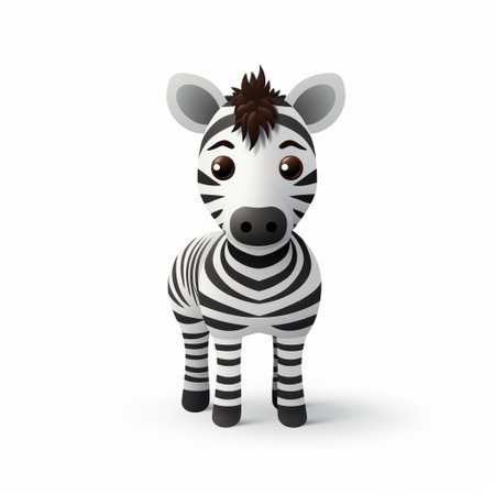 a cartoon baby zebra with black and white stripes and ears is depicted in this high-quality photo. the zebra is portrayed in a style that combines realistic lighting with simplified structures, resulting in a highly realistic appearance. the isolated figure stands against a white background, creating a visually striking image. this photo captures the essence of liam gillick's artistic approach. ai generatedの素材