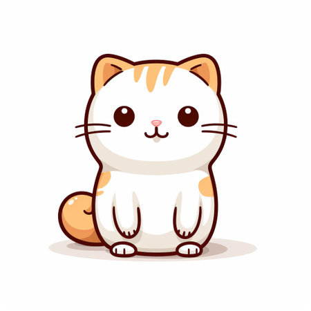 a cute kawaii cat with expressive eyes and a button nose, depicted in a playful cartoonish style. the illustration features a full body of the cat, with rounded shapes and a color palette of light white and dark orange. the clean and sharp inking enhances the details of the cat's features. created by the talented artist ben wooten. ai generatedの素材