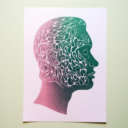 a graphic design poster art featuring an intricately cut-out head, resembling a person's head, in a style of light magenta and dark green. the artwork showcases lith printing techniques, with a beautiful color gradient and ultrafine detail. this scientific illustration captivates with its unique blend of colors and meticulous design. ai generatedの素材