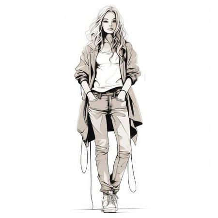 a female fashion model is depicted in this vector illustration, inspired by the artistic style of serge marshennikov. the model exudes a hip-hop vibe, with a touch of utilitarian fashion. the illustration is reminiscent of the works of charlie bowater, kaethe butcher, featuring a color palette of gray and beige. the artwork is beautifully rendered in a pencil sketch style. ai generatedの素材