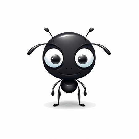 a cartoon illustration of an ant with big eyes, featuring a dark black, futuristic minimalistic style. this detailed character illustration showcases the anti-gloss aesthetic and lively illustrations reminiscent of adafruit. ai generatedの素材