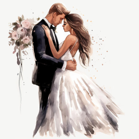a watercolor design featuring a bride and groom in a beautiful, hand-painted illustration. this free png image showcases the artistic style of inessa garmash, with elements reminiscent of jc leyendecker and atey ghailan. the dark brown and white color scheme adds depth and elegance to the detailed artwork. perfect for adding a touch of romance to any project. ai generatedの素材