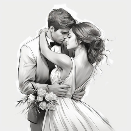 a black and white digital painting of an elegant couple hugging each other. this charming character illustration showcases clear colors, with light gray and amber tones. the artwork is in an elegantly formal style, and is available in 32k uhd resolution. ai generatedの素材
