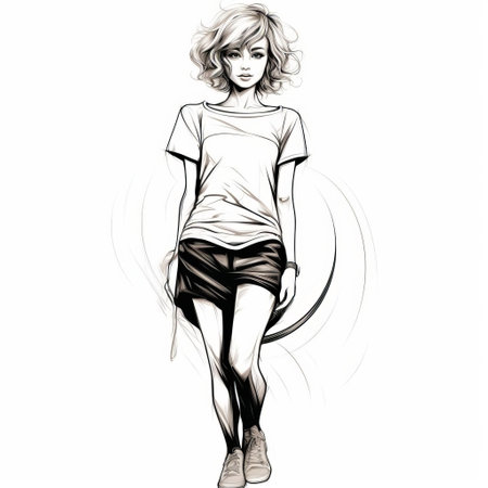 a modern feminine woman is depicted in a doodle fashion illustration, wearing a stylish white outfit. the artwork is inspired by manga style, with dynamic anime elements and a strong contrast between light and dark. created by chie yoshii, this punk-inspired illustration showcases the artist's unique style. captured with the zeiss milvus 25mm f/1.4 ze lens, the image is a captivating blend of creativity andの素材