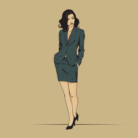 a business woman in a vintage comic-style blue suit, showcasing curvaceous simplicity. the fashion illustration features a dark beige and black color scheme, with hints of dark beige and green. the chicano-inspired full-body depiction exudes a chic and timeless vibe. ai generatedの素材