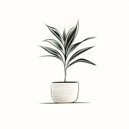 a plant in a flower pot is captured in this elegant inking style photograph. the white background enhances the minimalist vibe, while the soft outlines and subtle play of light and shadow create an ominous atmosphere. the architectural illustrator's touch is evident in the striped, minimalist backgrounds. ai generatedの素材