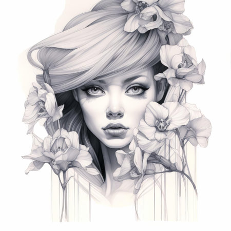 a girl with flowers on her face is depicted in this realistic and detailed drawing. the monochromatic white figures are enhanced by the exotic flora and fauna surrounding her. translucent layers and soft lines and shapes add depth to the illustration, giving it a 3d effect. the overall style is reminiscent of caricature-like illustrations. ai generatedの素材