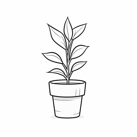 a potted plant depicted in a traditional animation style, featuring minimalist backgrounds and a clean, sharp inking technique. the outline drawing showcases innovative techniques, with a white background adding to its minimalist aesthetic. this artwork was created using a leica cl camera by tupinipunk. ai generatedの素材