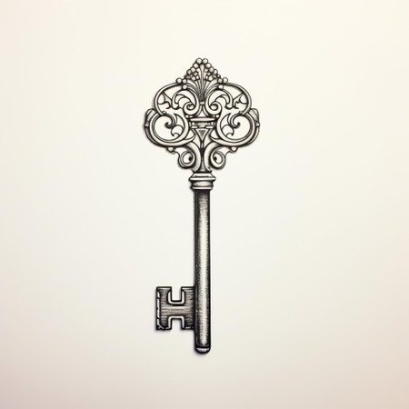 a vintage-inspired key featuring intricate designs, reminiscent of highly detailed illustrations and vintage minimalism. the key showcases realistic forms with a touch of arabesque influence, resembling vintage poster designs. the image has been cross-processed, enhancing its unique and artistic appeal. ai generatedの素材
