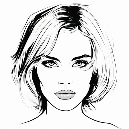 a black-and-white sketch drawing of a glamorous woman with short hair, reminiscent of beautiful women in hollywood portraits. the graphic style adds a crisp and clean look to the matte photo, highlighting the woman's shiny eyes. ai generatedの素材