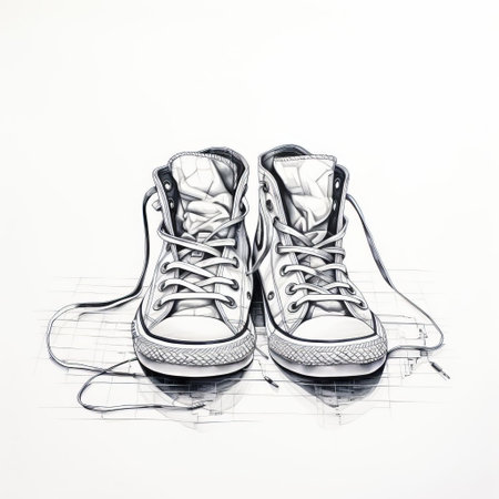 a pair of white shoes with two laces, featuring highly detailed illustrations. the clean and sharp inking enhances the flattened perspective, creating a masculine and outlined art style. ai generatedの素材