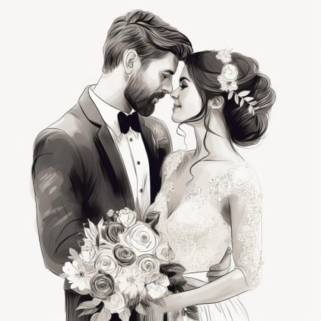 a groom and bride stand together, the bride holding her bouquet. this illustration showcases realistic portrait drawings in a monochrome style. with a resolution of 32k uhd, the artwork features clear edge definition and high-resolution details. the portraits resemble realistic watercolor paintings, adding depth and beauty to the image. ai generatedの素材