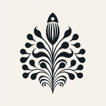 a minimalist 2d design of a crocus, influenced by slavic folk art and art nouveau. the design features straight lines, black filled areas, and a symmetrical composition. the graphic nature of the design is enhanced by the simplicity and contrast of black on a white background. ai generatedの素材