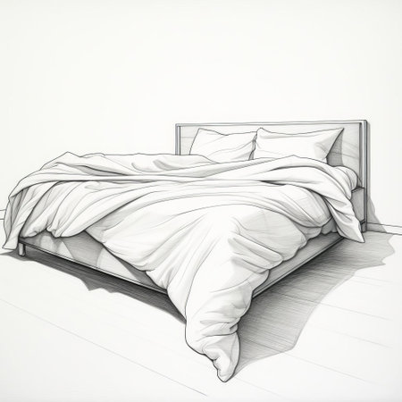 a hyperrealistic illustration of a bed and sheets is depicted in this image. the detailed monochrome style, minimalist cartooning, and high-key lighting create a visually striking composition. the sharp angles and layered translucency add depth and dimension to the illustration, resulting in a captivating piece of artwork. ai generatedの素材