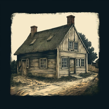 a small, old country house stands prominently in this woodcut-inspired graphic. the post-processing adds a gritty horror comic feel, reminiscent of tonalist paintings and detailed ink illustrations. the use of the trompe l'oeil technique creates a captivating visual effect. with rtx on, the image is enhanced with stunning realism. ai generatedの素材