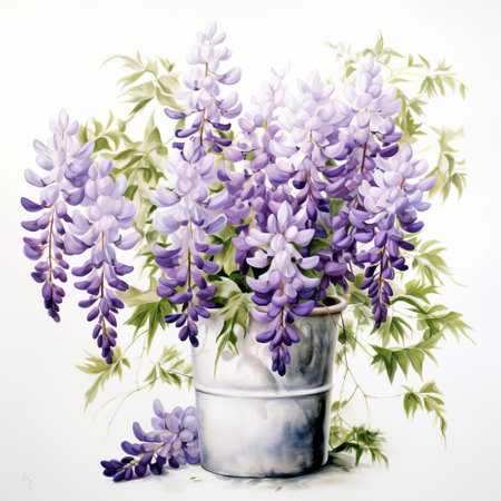 a painting of a bucket filled with vibrant purple flowers, created in the style of hiroshi nagai, known for his airbrush art. this piece also draws inspiration from heywood hardy, rachel whiteread, and watercolor techniques. the composition exudes a restrained serenity, making it a captivating commission. ai generatedの素材