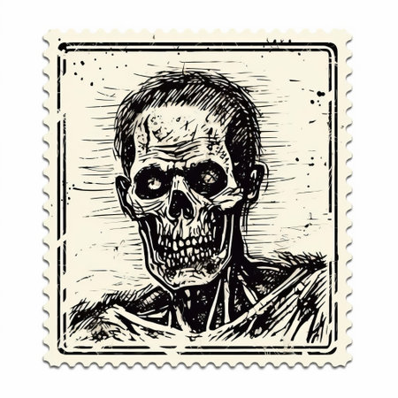 an old fashioned postage stamp illustration showcasing necromancy, featuring detailed character illustrations with a strong facial expression. the impasto technique adds depth and texture to the skeletal design. captured in the style of kodak tri-x, this matte photo emphasizes the intricate details of the illustration. ai generatedの素材