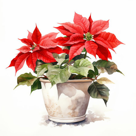 a high-detailed, realist still life painting of poinsettias on a white background. this painting is done in the style of glazed earthenware, reminiscent of chinese watercolor techniques. the vibrant red poinsettias stand out against the white background, creating a poignant and festive atmosphere. the use of terracotta tones adds warmth to the overall composition. a unique and captivating piece with a touch of xmaspunk. aiの素材