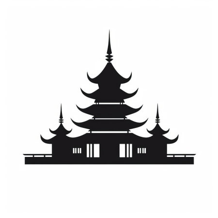 black silhouette of a pagoda, showcasing classical symmetry and layered forms. this minimalist illustration, created by a skilled wood sculptor, embodies the essence of chinese iconography. perfect for a logo, it stands out against a clean white background. ai generatedの素材