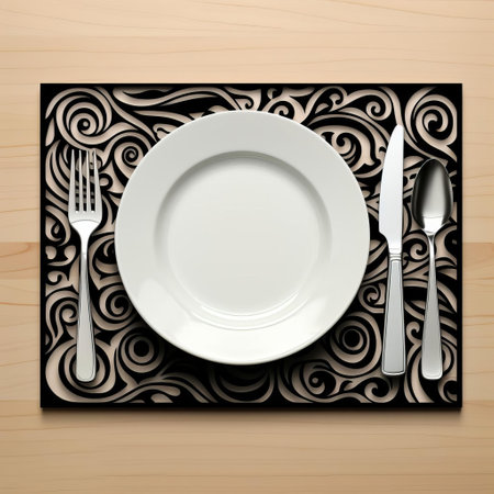 a white plate, fork, knife, and place mat set featuring a pattern and swirls design. this hyperrealistic rendering, inspired by chiaroscuro woodcuts, showcases the intricate details and textures. the matte photo captures the essence of the artwork, reminiscent of the styles of ryan ottley and jan toorop. this digital illustration is presented on a shaped canvas, adding a unique touch to the composition. ai generatedの素材