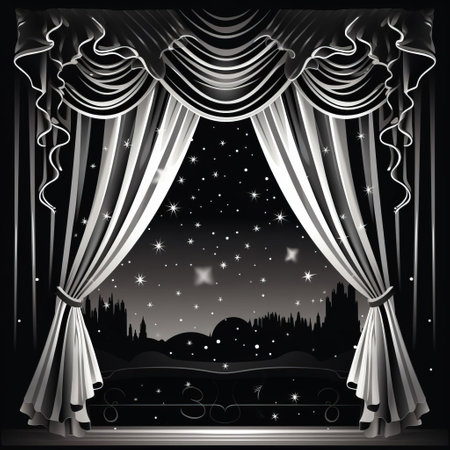 a black and white theater scenery with luxurious drapery, combining realistic and fantastical elements. the mysterious nocturnal scenes feature dark silver and bronze tones, creating an award-winning atmosphere. the windows vista adds a touch of elegance, while the snow scenes add a hint of enchantment. ai generatedの素材