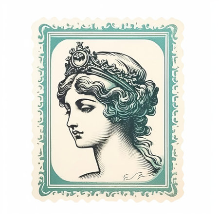 vintage frame featuring a stamp of yourself in a vintage style, reminiscent of grotesque beauty. the light cyan color adds a touch of elegance to this american sculpture from 1830-1950. the silkscreening technique is evident in the bold outlines and flat colors, creating a unique blend of rococo portraitures with a softly organic feel. ai generatedの素材