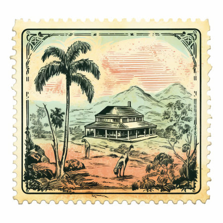 an old postage stamp from the island of bonaire featuring charming houses and palm trees. this mid-century illustration captures the essence of rural life scenes, reminiscent of 19th-century american art. the high-quality photo showcases the woodcut-inspired graphics and romantic illustration style. ai generatedの素材