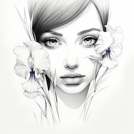 a woman adorned with flowers, captured in a realistic portrait style, is depicted in this illustration. the dynamic line work adds a touch of movement to the image, while the contrasting colors of dark white and light violet create a polished metamorphosis effect. the composition seamlessly blends elements of a metropolis with the beauty of nature, resulting in an eye-catching and captivating artwork. ai generatedの素材