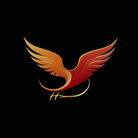 a golden logo is showcased on a black background, depicting a life-like avian illustration in the style of hurufiyya. the dark red and dark orange hues add depth to the realistic usage of light and color. this historical illustration stands out with its strong use of color, creating a symbolic representation. ai generatedの素材