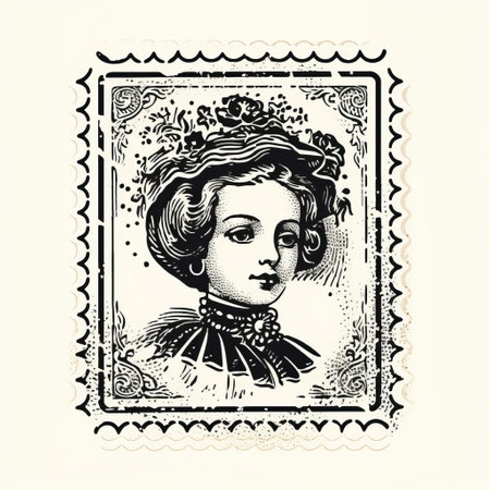 vintage lady on a stamp featuring a simplified and stylized portrait in the 19th-century style. the design is ornate, reminiscent of the works of abigail larson, theodore gericault, and randolph caldecott. the monochrome ink adds a touch of elegance to this captivating image. ai generatedの素材