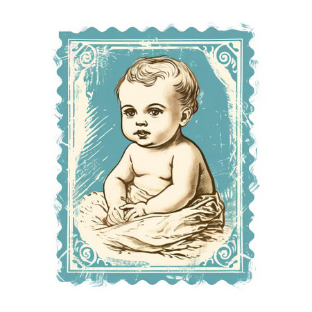 an old-fashioned image of a baby with light cyan and dark beige tones. the textured illustrations give it a unique charm, while the dark humor graphic prints add a touch of edginess. the americana iconography and associated press photo style create a nostalgic feel. the letterboxing effect and watercolor illustrations enhance its artistic appeal. ai generatedの素材
