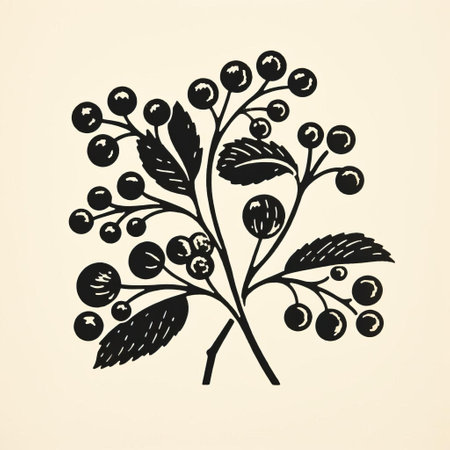 thyme berry isolated on white with black and brown berries, featuring a folk art-inspired illustration style influenced by japanese woodblock prints, minimalist black and white drawings, vintage graphic design, hand-drawn animation, eastern orthodox icons, and cyanotype printing. ai generatedの素材