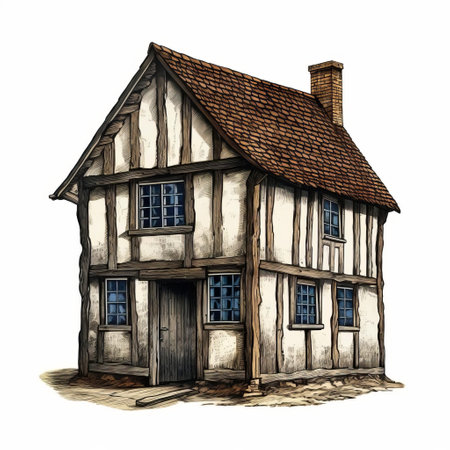 a digitally enhanced drawing of a 16th century house with a brown roof, showcasing the anglocore style reminiscent of edward poynter's artwork. the white background highlights the intricate details of the house, while the distressed and weathered surfaces add a touch of authenticity. this high-resolution image captures the essence of jan berenstain's illustrations. ai generatedの素材