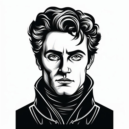 a black and white illustration of a man with curly hair, showcasing a futuristic victorian style. the design is dark and brooding, reminiscent of marvel comics. the bold outlines and flat colors give it a unique appeal, resembling celebrity portraits. the artwork also incorporates elements of chiaroscuro woodcuts, resulting in a handsome and captivating image. ai generatedの素材