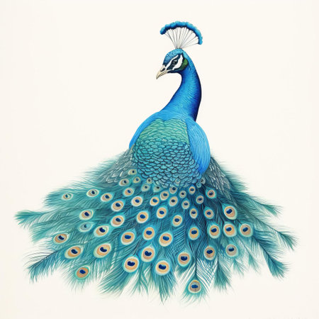 a blue peacock is depicted in this vintage graphic design, showcasing its long plumage. the artwork draws inspiration from accurate ornithological paintings, pencil art illustrations, and the art of burma. it also incorporates elements of fanciful costume design and mid-century illustration, resulting in highly detailed figures. ai generatedの素材