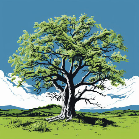 a minimalist linocut-style artwork of a cottonwood tree, featuring a single, continuous line and emphasizing negative space. the design captures the essence of the cottonwood's form and character with minimal detail, showcasing the power and elegance of this simple yet bold artwork. ai generatedの素材