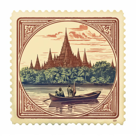 a stamp image of dalat in laos and thailand, captured with a pentax 645n camera. this mid-century illustration-style photo showcases maritime scenes, featuring dark crimson and beige tones. the image is reminiscent of the hudson river school art movement and folk art-inspired illustrations, with intricate carving details. ai generatedの素材