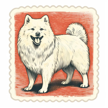 a samoyed dog stands against a vibrant red background, reminiscent of vintage graphic design. the illustration style is caricature-like, drawing inspiration from british post-war art and ancient chinese art. the image has a polaroid effect and features detailed shading, showcasing americana iconography. ai generatedの素材