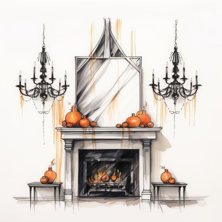 explore this interior design sketch, featuring a chandelier and mantle adorned for halloween. a white wall, punctuated by a mirror above the fireplace, sets the backdrop. the front view offers a detailed perspective, with the ar9:11 aspect ratio ensuring a comprehensive view. delight in the harmonious blend of traditional and seasonal decor elements, creating a captivating and inviting space. ai generatedの素材