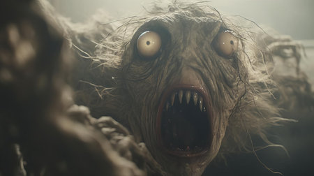 a terrifying creature with an open mouth and an eye, captured in a natural, gritty tone, arouses curiosity and fear. the wide-angle shot, illuminated by studio lighting, gives a cinematic, horror-like appearance, reminiscent of christopher nolan's filmmaking style. ai generatedの素材